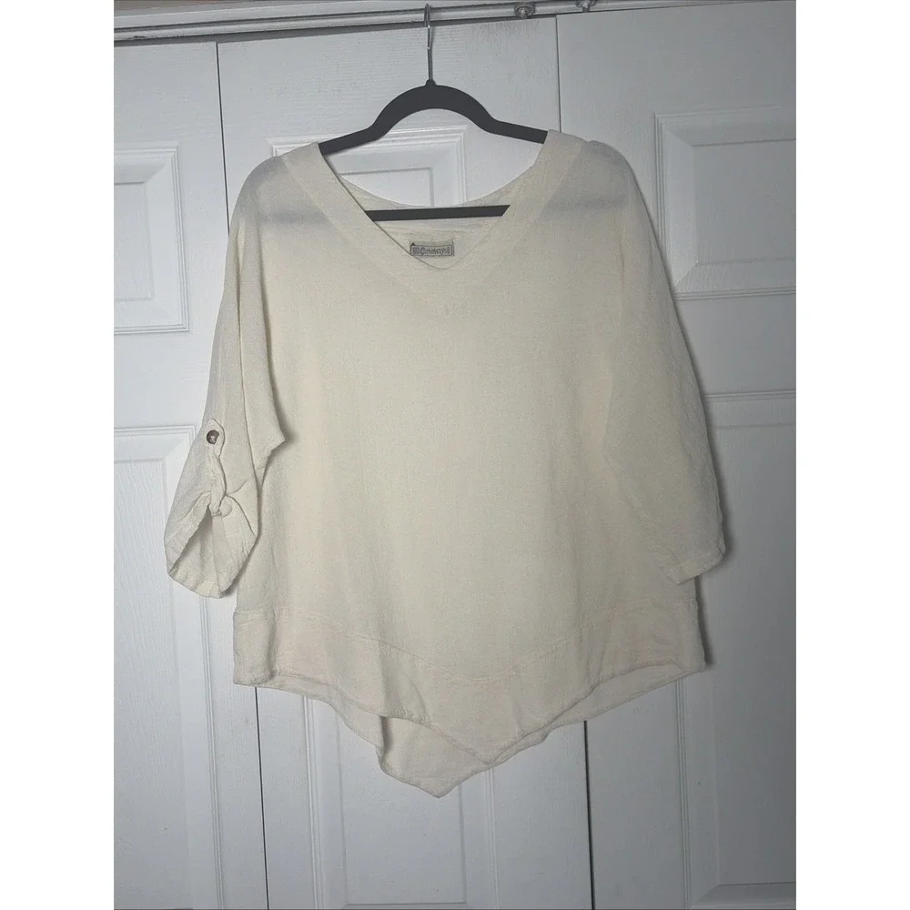 Cottonways Gauze V-Neck Tunic Womens Size 2 Cream Coastal Grandma Roll Tab Top
